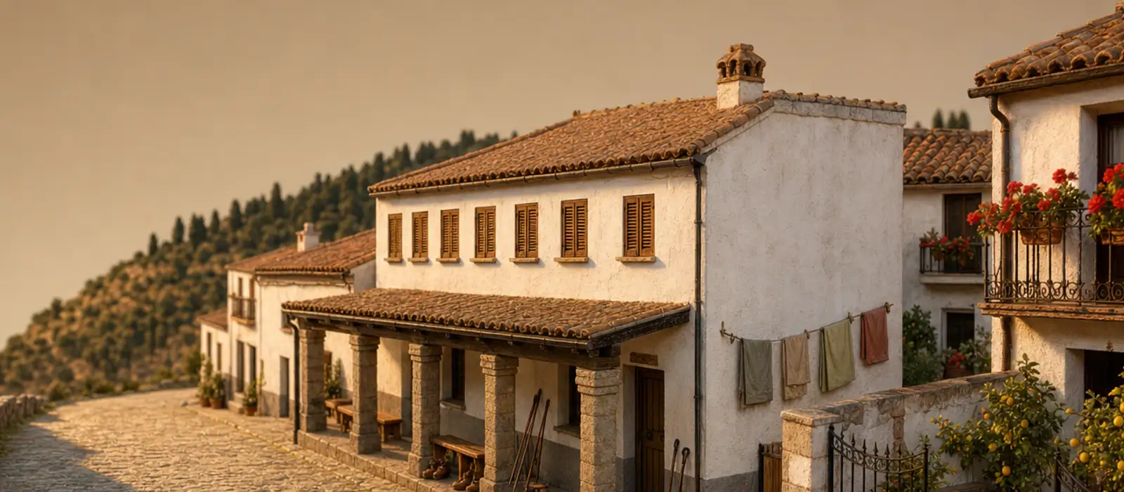 Maqueta en miniatura de una calle empedrada del pueblo al atardecer: el albergue municipal encalado con porche de pilares y ventanas en hilera, y al lado una casa rural con balcón de geranios