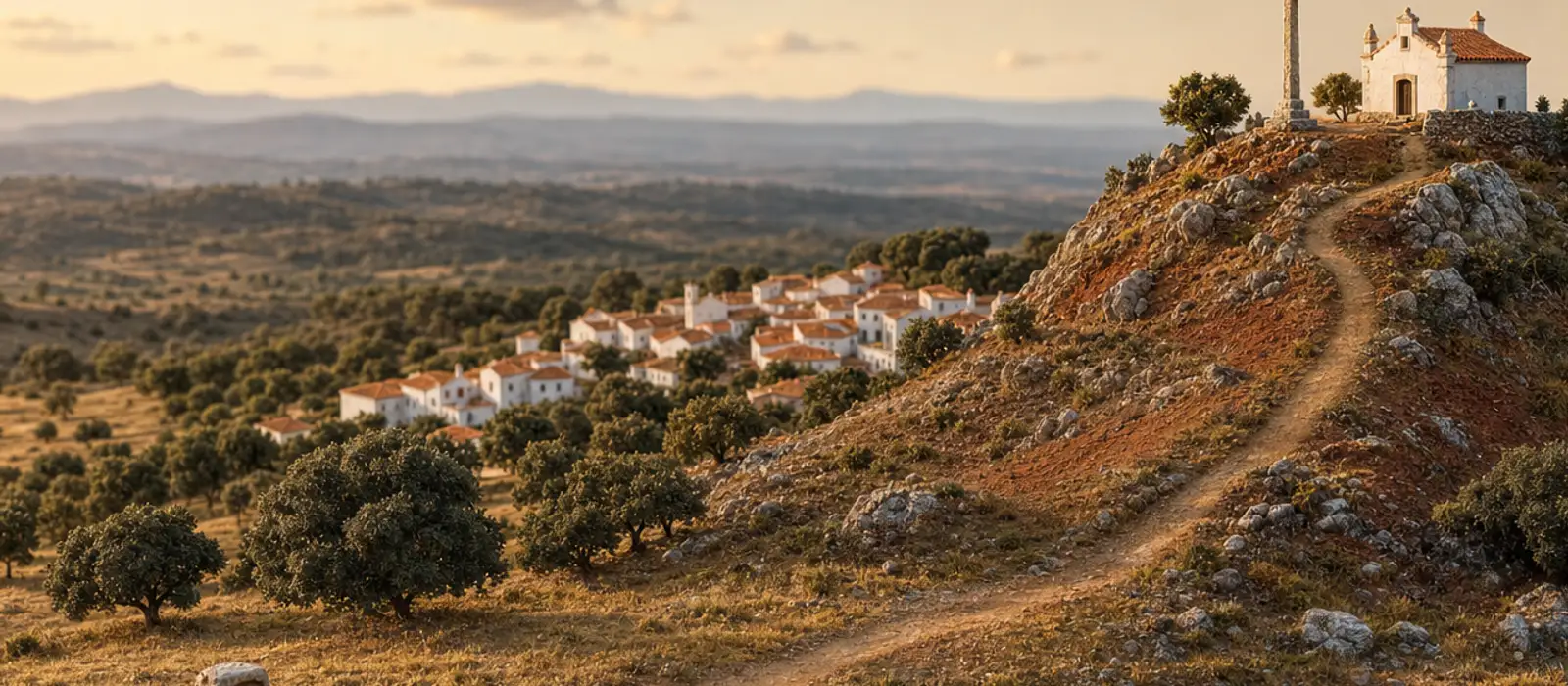 Maqueta en miniatura de un tramo de la Vía de la Plata al amanecer: un camino de tierra con un hito de piedra con la concha grabada, la subida al Calvario con su ermita blanca y la cruz de piedra arriba