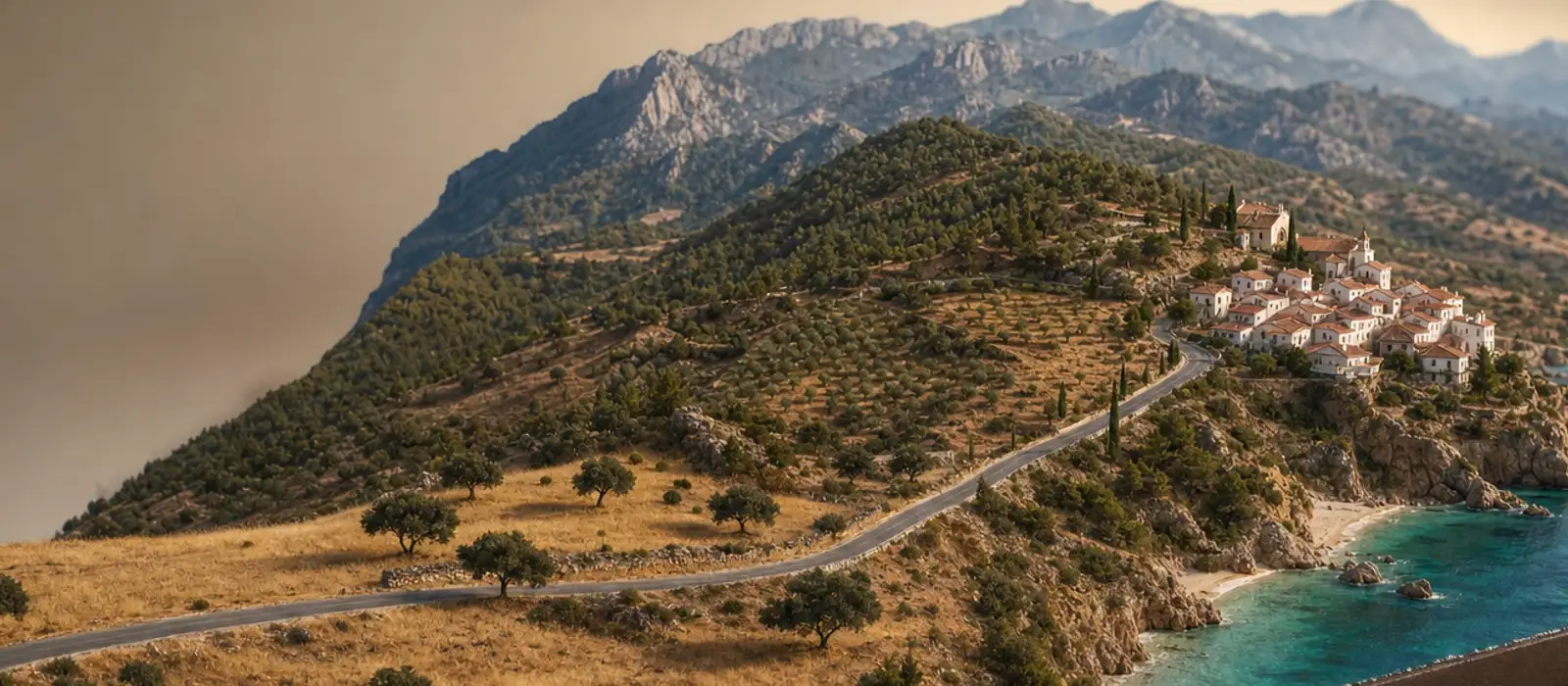 Maqueta en miniatura de una carretera que cruza España de un extremo a otro: llanura de pasto seco con encinas en primer plano, olivares y pinares en el centro y un pueblo blanco sobre un espolón junto a una cala turquesa al fondo