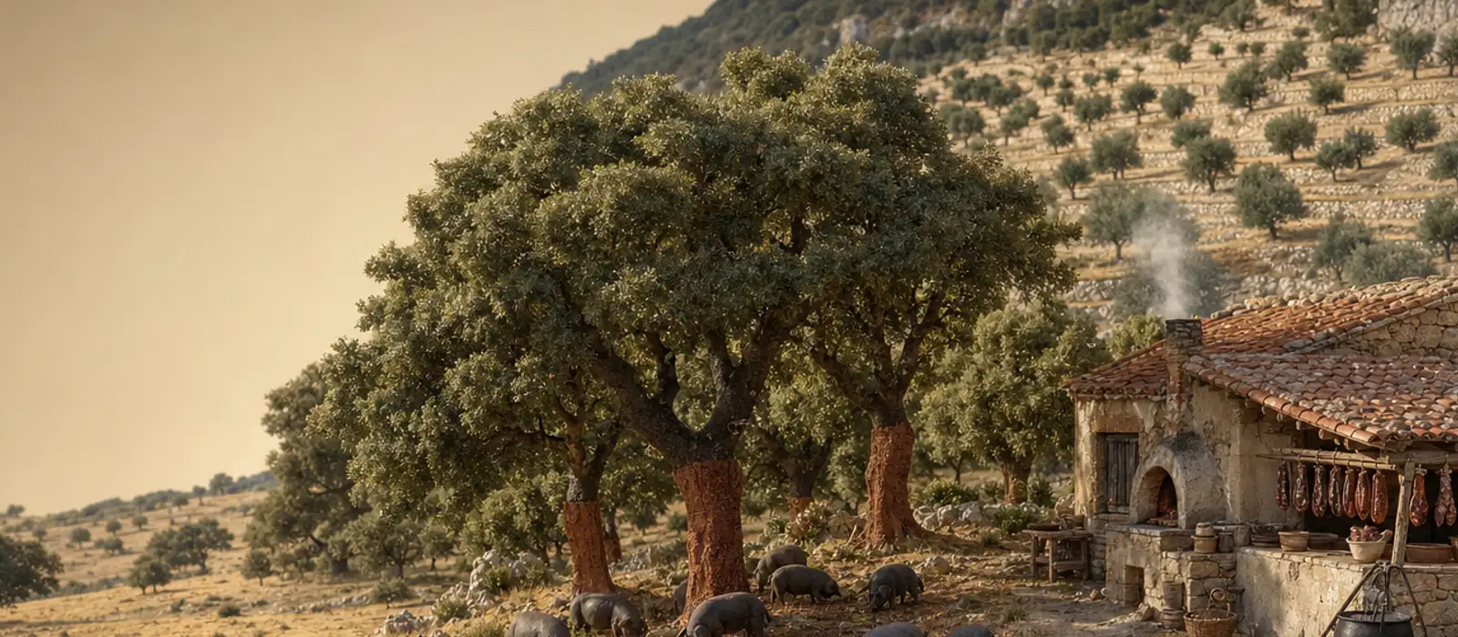 Maqueta en miniatura de la despensa de la dehesa: encinas y alcornoques descorchados, cerdos ibéricos hozando entre las bellotas y un cortijo de piedra con horno de leña y una caldereta al rescoldo