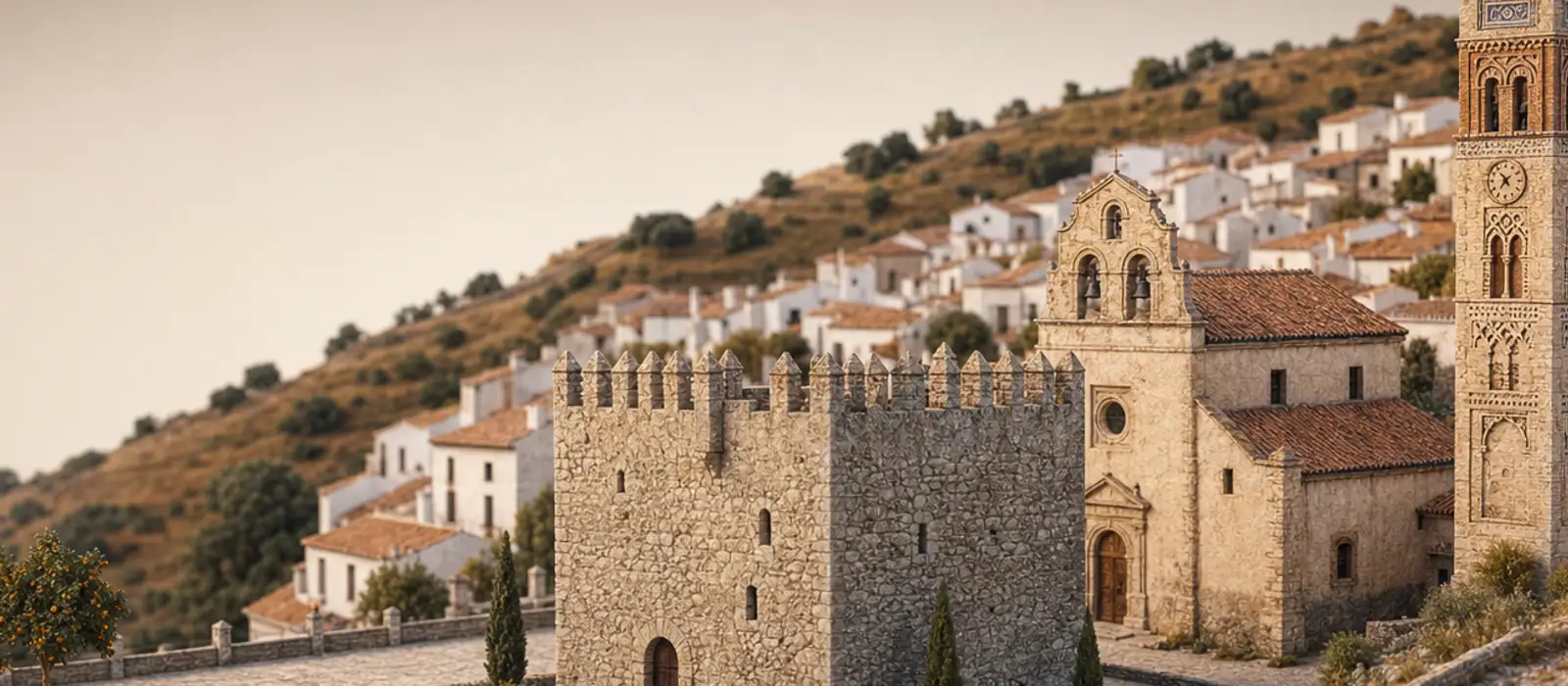 Maqueta en miniatura del conjunto monumental de Almadén de la Plata: el torreón medieval de piedra en terreno llano, la iglesia renacentista detrás y la esbelta Torre del Reloj neomudéjar a un lado