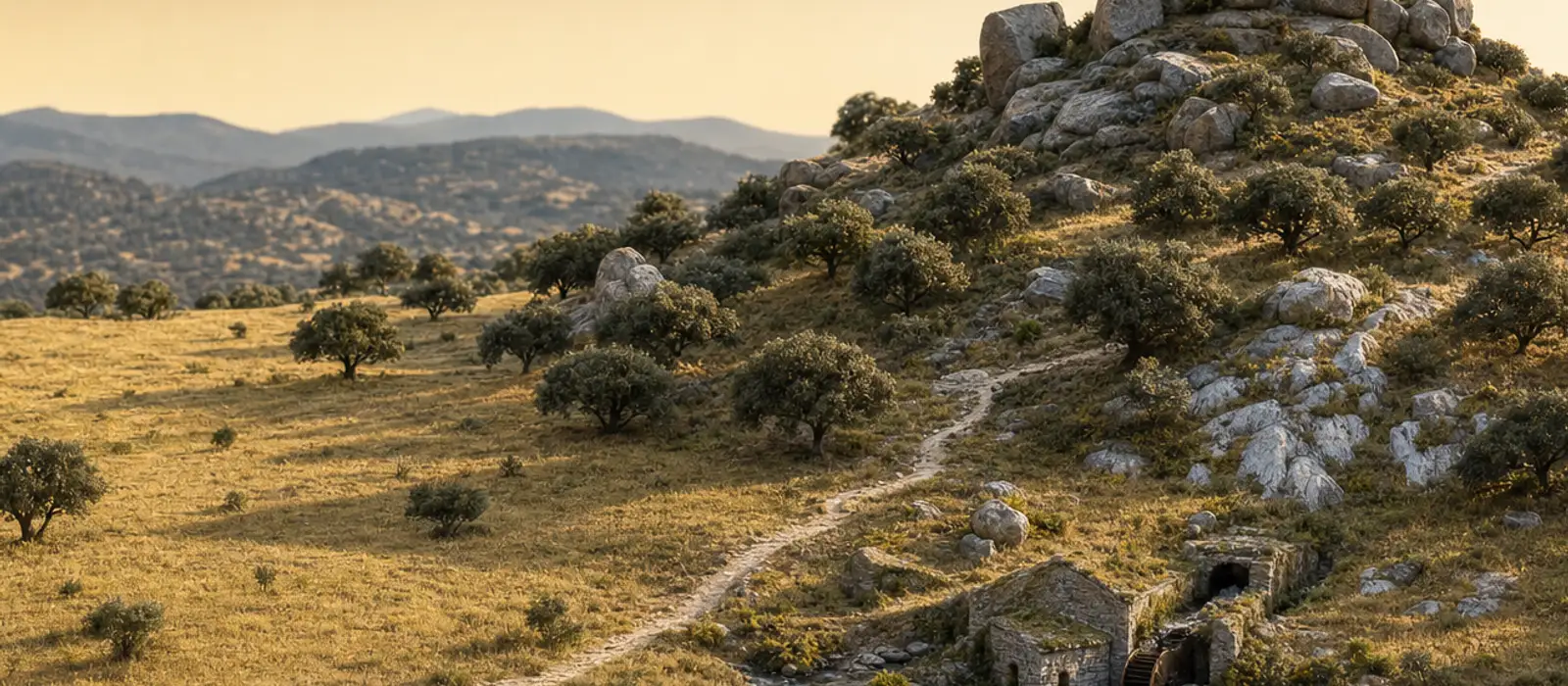 Maqueta en miniatura de la dehesa de la Sierra Norte: encinas dispersas sobre pasto seco, un sendero de piedra que cruza un arroyo junto a un molino en ruinas y un cerro de bolos de granito al fondo
