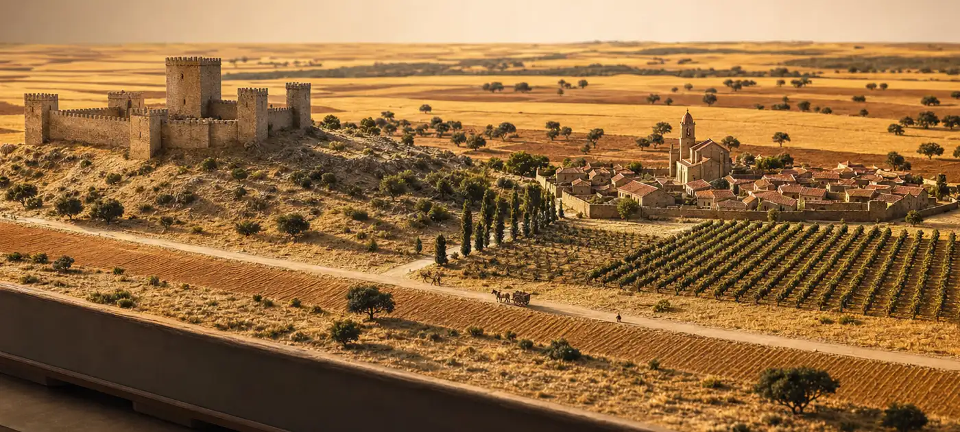 Maqueta del interior: llanura cerealista dorada, un castillo medieval aislado y viñedos