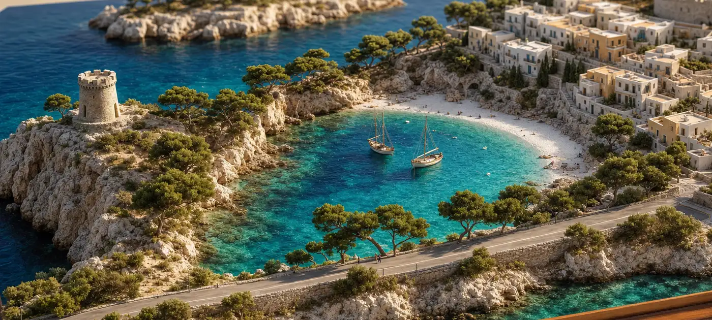Maqueta del Mediterráneo: una cala de agua turquesa entre pinos, una torre vigía y un pueblo blanco