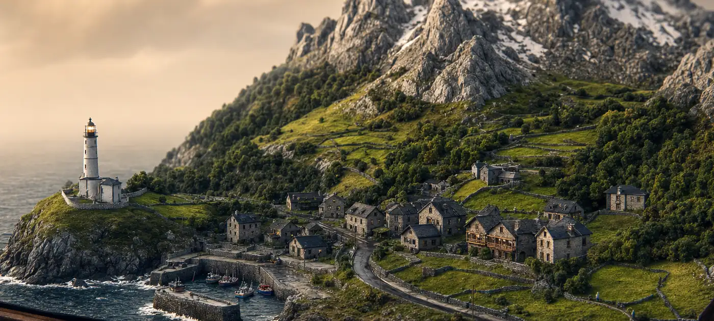 Maqueta del norte verde: picos calizos, prados de piedra, un faro blanco y un puerto pesquero
