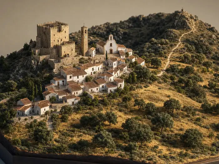 Maqueta en miniatura del casco de Almadén de la Plata: casas blancas en la ladera, el castillo medieval arriba y la dehesa con encinas alrededor