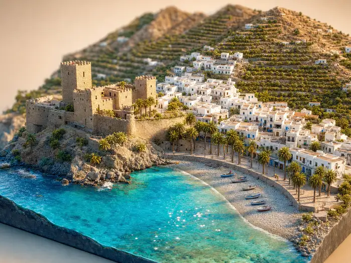 Maqueta en miniatura de Almuñécar: el castillo sobre el promontorio rocoso, las casas blancas y la playa de grava con palmeras