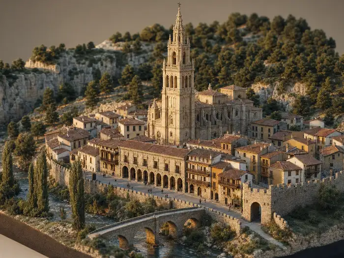 Maqueta en miniatura de El Burgo de Osma: la torre de la catedral, la calle mayor con soportales y la muralla junto al río