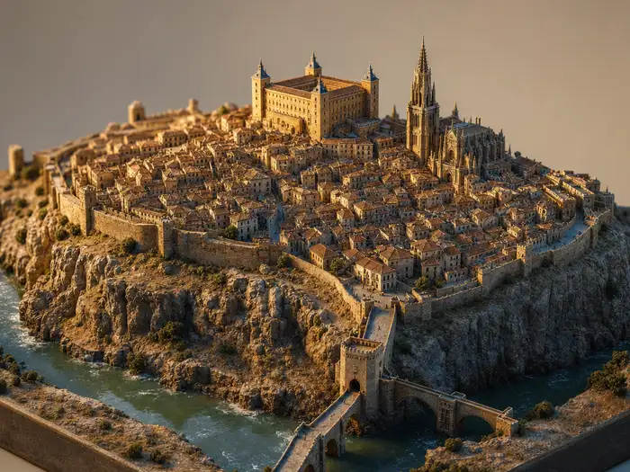Maqueta en miniatura de Toledo: la ciudad sobre el cerro, el Tajo encajado alrededor y el puente fortificado en primer plano