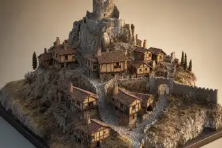 Maqueta del caserío de adobe y madera con el torreón en lo alto