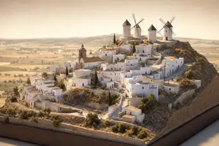 Maqueta del pueblo blanco con molinos de piedra entre las casas