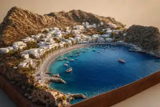 Maqueta de la bahía en herradura cerrada por dos puntas rocosas