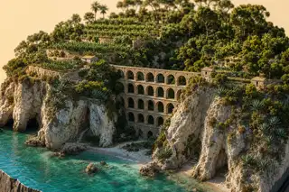 Maqueta de los acantilados con calas escondidas y el acueducto en el barranco