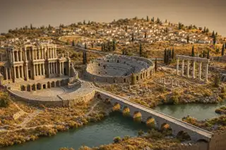 Maqueta del teatro romano, el anfiteatro y el puente de arcos sobre el río