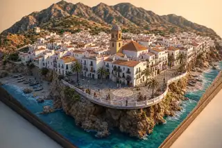 Maqueta del mirador sobre el mar con el pueblo blanco y la sierra detrás