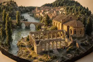 Maqueta del claustro románico de arcos entrelazados junto al río