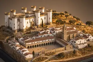 Maqueta del alcázar blanco de torres cilíndricas junto a la plaza porticada